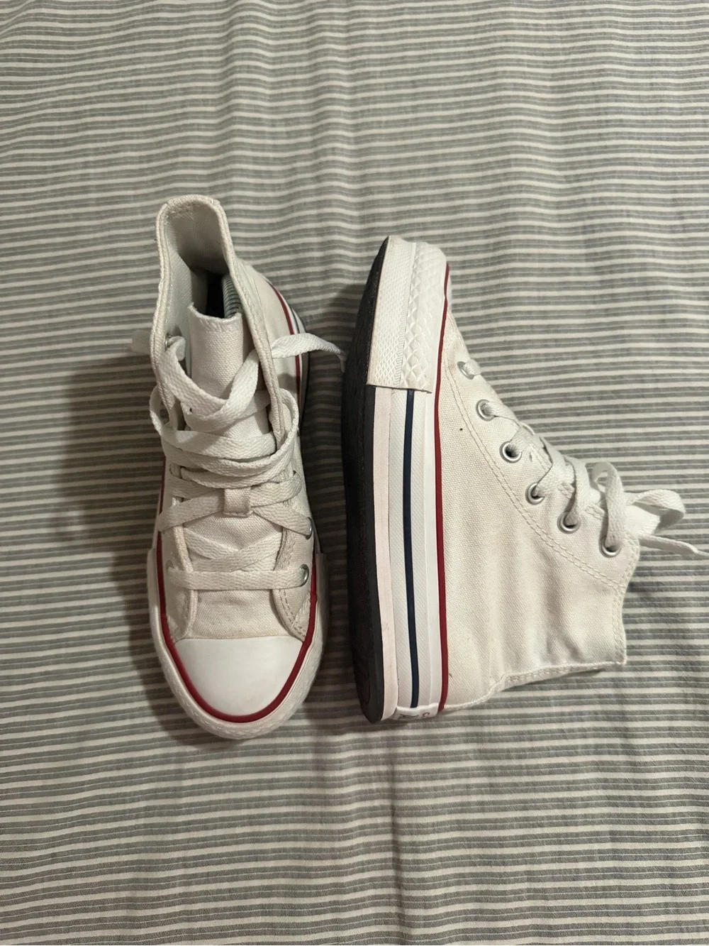 Converse Kids White High Top Sneakers with Red & Navy Stripes